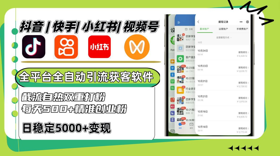 抖音快手小红书视频号全平台全自动引流获客系统，截流自热双重打粉，每天500+精准粉-必智轻创社