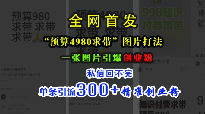 小红书“预算4980带我飞”图片打法，一张图片引爆创业粉，私信回不完，单条引流300+精准创业粉-必智轻创社