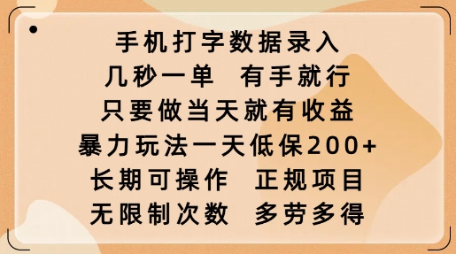 手机打字数据录入，几秒一单，有手就行，只要做当天就有收益，暴力玩法一天低保2张-必智轻创社