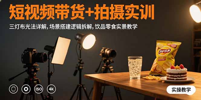 短视频带货+拍摄实训：三灯布光法详解,场景搭建逻辑拆解,饮品零食实景教学-必智轻创社