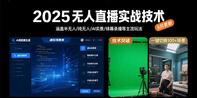 2025无人直播实战技术-8月，涵盖半无人/纯无人/AI实景/绿幕录播等主流玩法-必智轻创社