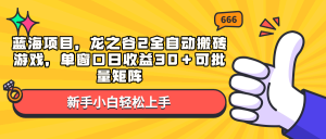蓝海项目，龙之谷2全自动搬砖游戏，单窗口日收益30＋可批量矩阵-必智轻创社